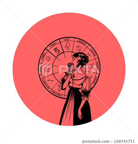 Vector monochrome symbol or icon with astrological sign and romantic beauty woman. Zodiac art. Vector monochrome symbol or icon with astrological sign and romantic beauty woman. Zodiac art. 109743751