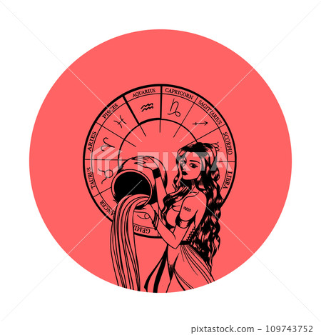 Vector monochrome symbol or icon with astrological sign and romantic beauty woman. Zodiac art. Vector monochrome symbol or icon with astrological sign and romantic beauty woman. Zodiac art. 109743752