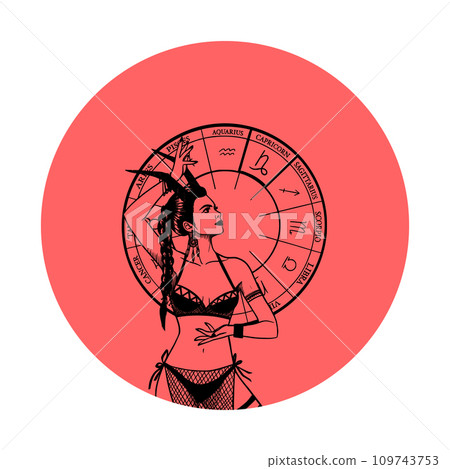 Vector monochrome symbol or icon with astrological sign and romantic beauty woman. Zodiac art. Vector monochrome symbol or icon with astrological sign and romantic beauty woman. Zodiac art. 109743753
