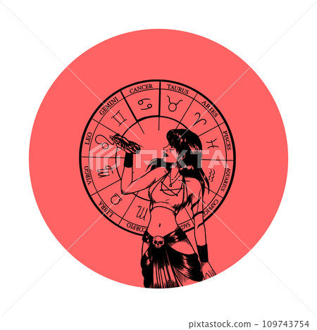 Vector monochrome symbol or icon with astrological sign and romantic beauty woman. Zodiac art. Vector monochrome symbol or icon with astrological sign and romantic beauty woman. Zodiac art. 109743754