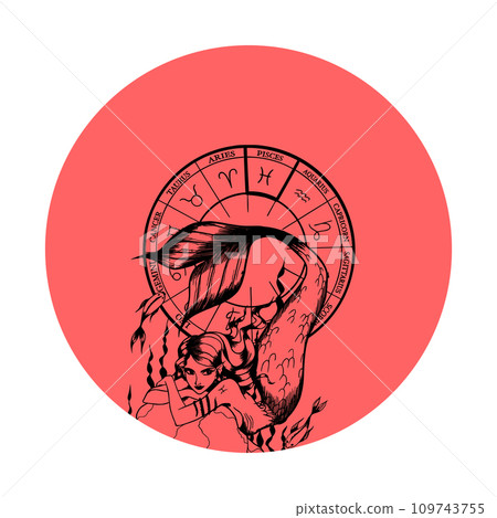 Vector monochrome symbol or icon with astrological sign and romantic beauty woman. Zodiac art. Vector monochrome symbol or icon with astrological sign and romantic beauty woman. Zodiac art. 109743755