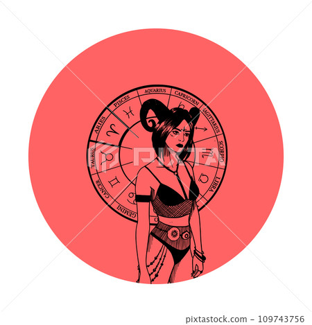 Vector monochrome symbol or icon with astrological sign and romantic beauty woman. Zodiac art. Vector monochrome symbol or icon with astrological sign and romantic beauty woman. Zodiac art. 109743756