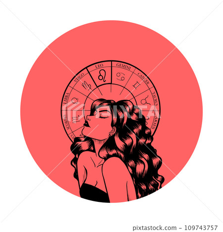 Vector monochrome symbol or icon with astrological sign and romantic beauty woman. Zodiac art. Vector monochrome symbol or icon with astrological sign and romantic beauty woman. Zodiac art. 109743757