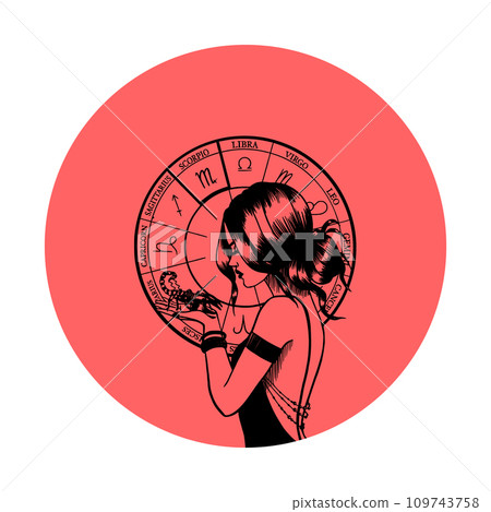 Vector monochrome symbol or icon with astrological sign and romantic beauty woman. Zodiac art. Vector monochrome symbol or icon with astrological sign and romantic beauty woman. Zodiac art. 109743758