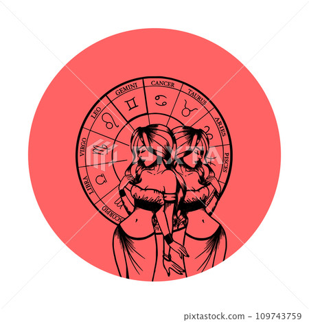 Vector monochrome symbol or icon with astrological sign and romantic beauty woman. Zodiac art. Vector monochrome symbol or icon with astrological sign and romantic beauty woman. Zodiac art. 109743759