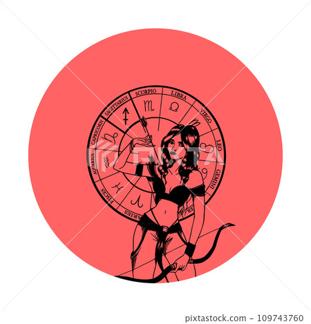 Vector monochrome symbol or icon with astrological sign and romantic beauty woman. Zodiac art. Vector monochrome symbol or icon with astrological sign and romantic beauty woman. Zodiac art. 109743760