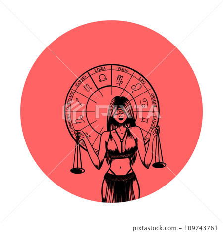 Vector monochrome symbol or icon with astrological sign and romantic beauty woman. Zodiac art. Vector monochrome symbol or icon with astrological sign and romantic beauty woman. Zodiac art. 109743761