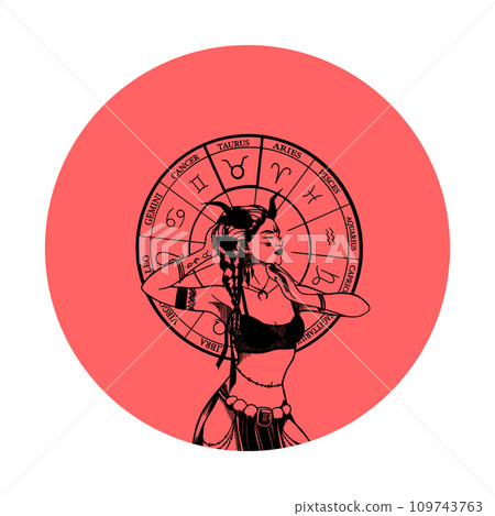 Vector monochrome symbol or icon with astrological sign and romantic beauty woman. Zodiac art. Vector monochrome symbol or icon with astrological sign and romantic beauty woman. Zodiac art. 109743763