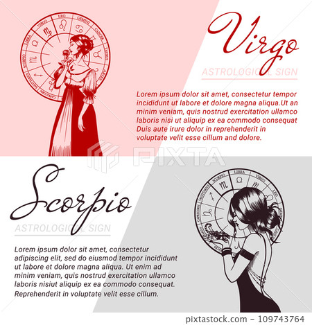 Collection of banners and templates with beautiful women. Concepts of zodiac, astrological signs. Collection of banners and templates with beautiful women. Concepts of zodiac, astrological signs. 109743764