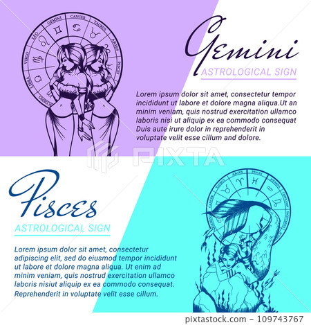 Collection of banners and templates with beautiful women. Concepts of zodiac, astrological signs. Collection of banners and templates with beautiful women. Concepts of zodiac, astrological signs. 109743767