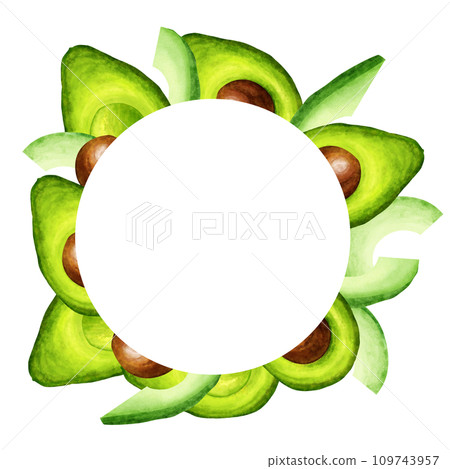 Watercolor round frame, ripe avocado and half of avocado. Hand drawn illustration isolated on white background. Perfect design for food menu, keto diet, design packaging, healthy eating. 109743957