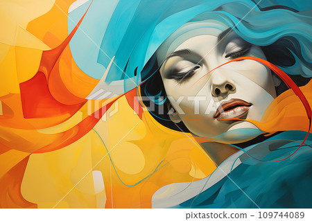 Abstract art with woman face, wall background. Vibrant colors, precise compositions 109744089