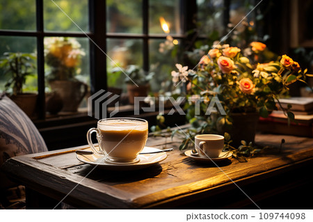 Quiet coffee corner adorned with flowers and a book 109744098