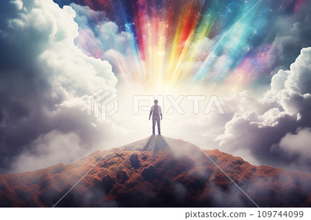 Person rising above negative thoughts, depicted as dark clouds, towards a sky filled with uplifting symbols like sunshine and rainbows Person rising above negative thoughts, depicted as dark clouds, towards a sky filled with uplifting symbols like sunshine and rainbows 109744099