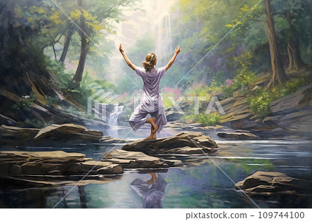 Woman practicing yoga, connection between mind and body, calming nature, flowing water Woman practicing yoga, connection between mind and body, calming nature, flowing water 109744100