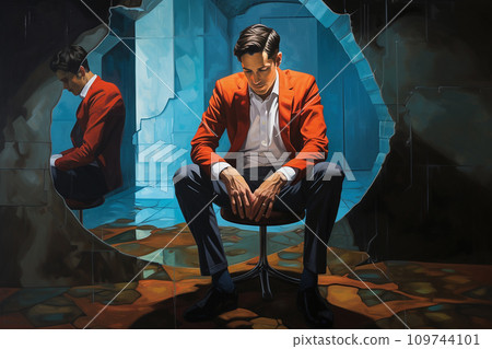 Man in a moment of self-reflection, surrounded by reflective surfaces, mirrors, water Man in a moment of self-reflection, surrounded by reflective surfaces, mirrors, water 109744101