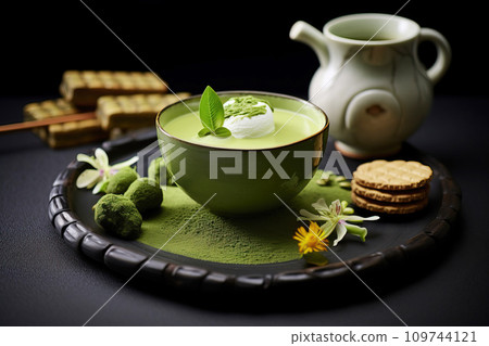 Matcha latte with complementary desserts. Harmonious combination of flavors and textures Matcha latte with complementary desserts. Harmonious combination of flavors and textures 109744121
