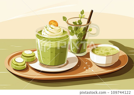 Matcha latte with complementary desserts. Harmonious combination of flavors and textures Matcha latte with complementary desserts. Harmonious combination of flavors and textures 109744122