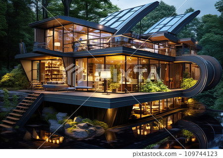 Home ecological architecture aesthetic with solar panels on its roof Home ecological architecture aesthetic with solar panels on its roof 109744123