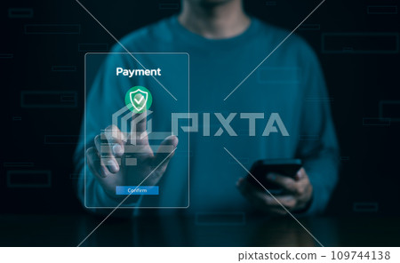 Online payment concept. Man using smart phone pay via mobile banking app for online payment. Digital bank, Internet technology for financial transaction, Online shopping, Money transfer, Online payment concept. Man using smart phone pay via mobile banking app for online payment. Digital bank, Internet technology for financial transaction, Online shopping, Money transfer, 109744138