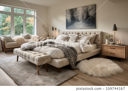 Bedroom designed in the Scandinavian style, featuring a serene and calming ambiance 109744167