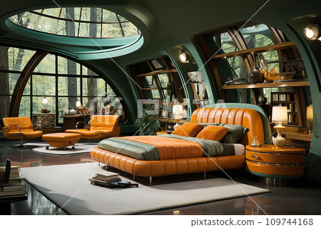 Bedroom exuding vintage coziness, retro-inspired furniture and nostalgic decor. Color tones and patterns reminiscent of the 60s and 70s 109744168