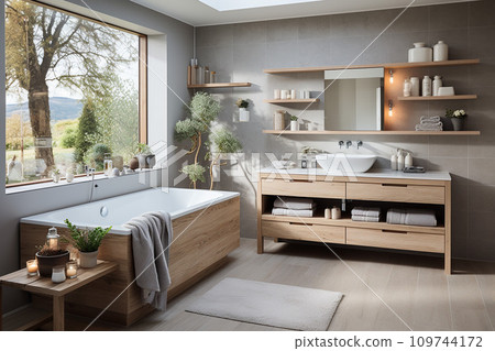 Bathroom in the Scandinavian style, clean lines and a minimalist aesthetic 109744172