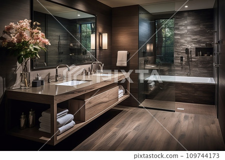 Bathroom with smooth surfaces and minimal design details, embodying a sense of streamlined elegance 109744173