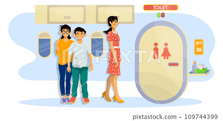 Vector flat illustration of passengers in a cabin of a plane in a queue to toilet during the flight. 109744399