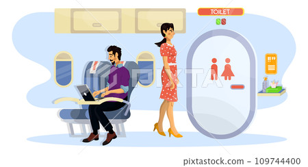 Vector flat illustration of passengers in a cabin of a plane in a queue to toilet during the flight. 109744400