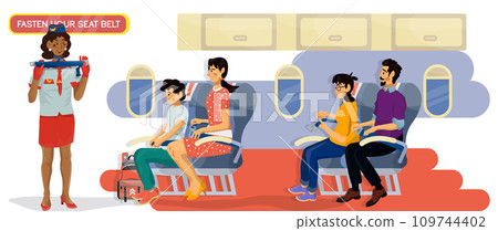 Vector illustration of woman stewardess who shows how to fasten your seat belt in a cabin on a plane 109744402