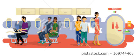 Vector flat illustration of passengers in a cabin of a plane in a queue to toilet during the flight. 109744403