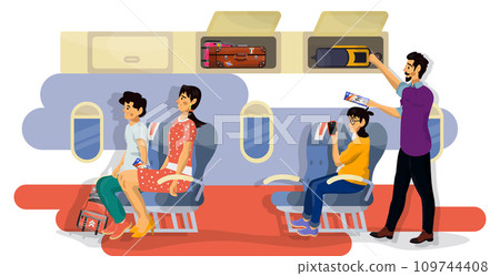 Vector flat illustration of passengers in a cabin of plane during the flight. 109744408
