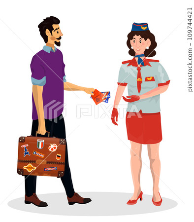 Vector cartoon illustration of woman stewardess who check tickets of passengers in an airport. Vector cartoon illustration of woman stewardess who check tickets of passengers in an airport. 109744421