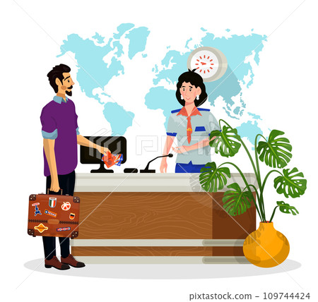 Vector cartoon illustration of woman stewardess who check tickets of passengers in an airport. Vector cartoon illustration of woman stewardess who check tickets of passengers in an airport. 109744424