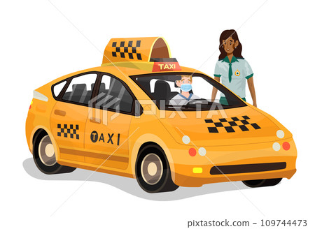 Vector Illustration of police officer check documents of taxi driver on white isolated background. 109744473
