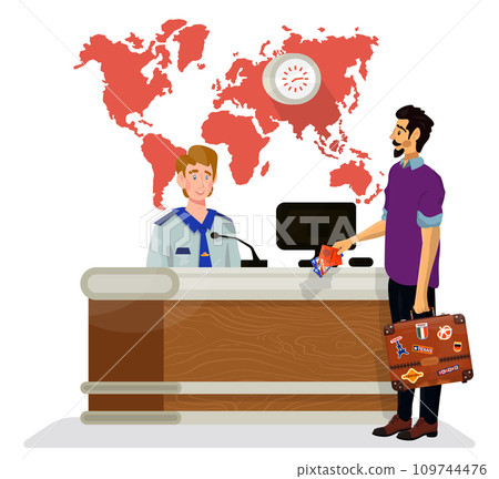 Vector flat illustration of desk with administrator, customs or police officer. 109744476