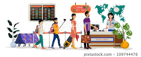 Vector cartoon illustration of woman stewardess who check tickets of passengers in an airport. 109744478