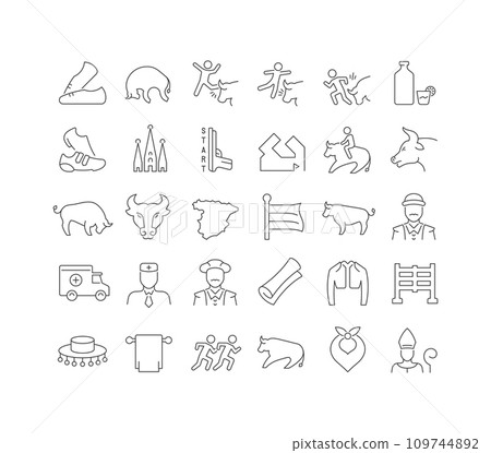 Set of linear icons of Running of the Bulls Set of linear icons of Running of the Bulls 109744892