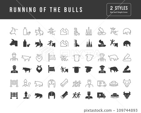 Set of simple icons of Running of the Bulls Set of simple icons of Running of the Bulls 109744893
