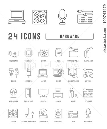 Set of linear icons of Hardware 109745479