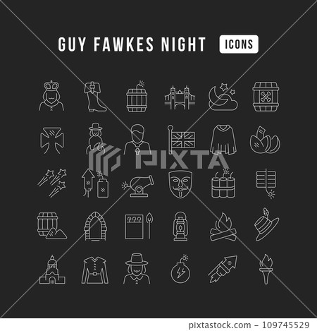 Set of linear icons of Guy Fawkes Night Set of linear icons of Guy Fawkes Night 109745529
