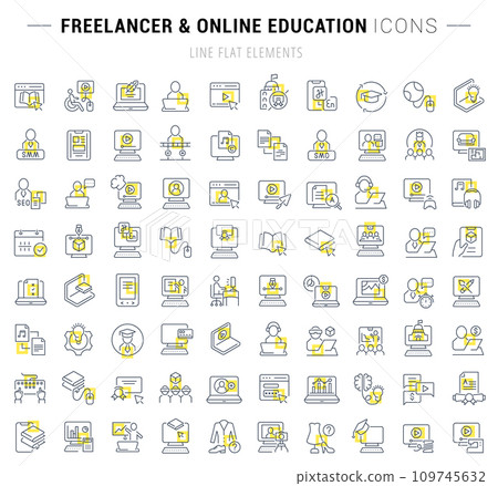 Set Vector Line Icons of Freelancer and Online Education. Set Vector Line Icons of Freelancer and Online Education. 109745632