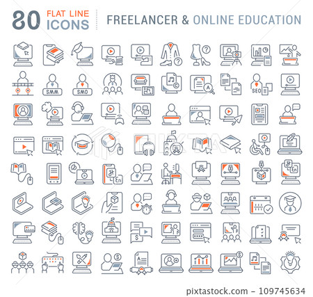 Set Vector Line Icons of Freelancer and Online Education. Set Vector Line Icons of Freelancer and Online Education. 109745634