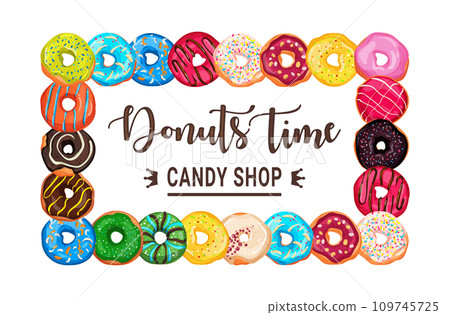 Vector banner with bright and appetizing donuts 109745725