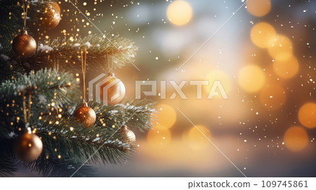 AI-generated content. Close up of decorated Christmas tree, gold baubles, beautiful golden blurred bokeh background 109745861
