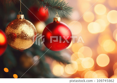 AI-generated content. Close up of decorated Christmas tree, red gold baubles, beautiful golden blurred bokeh background 109745862