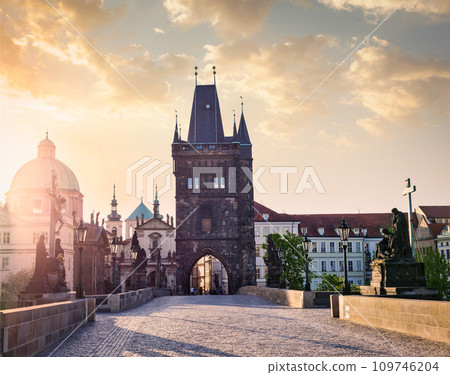 Charles bridge tower in Prague on sunrise 109746204