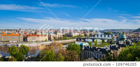 Panoramic view of Prague bridges over Vltava river 109746205