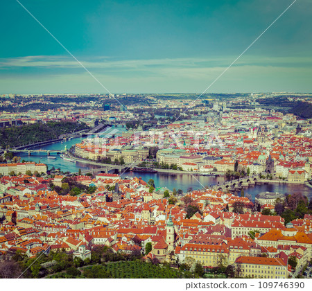 View of Charles Bridge over Vltava river, Old city 109746390
